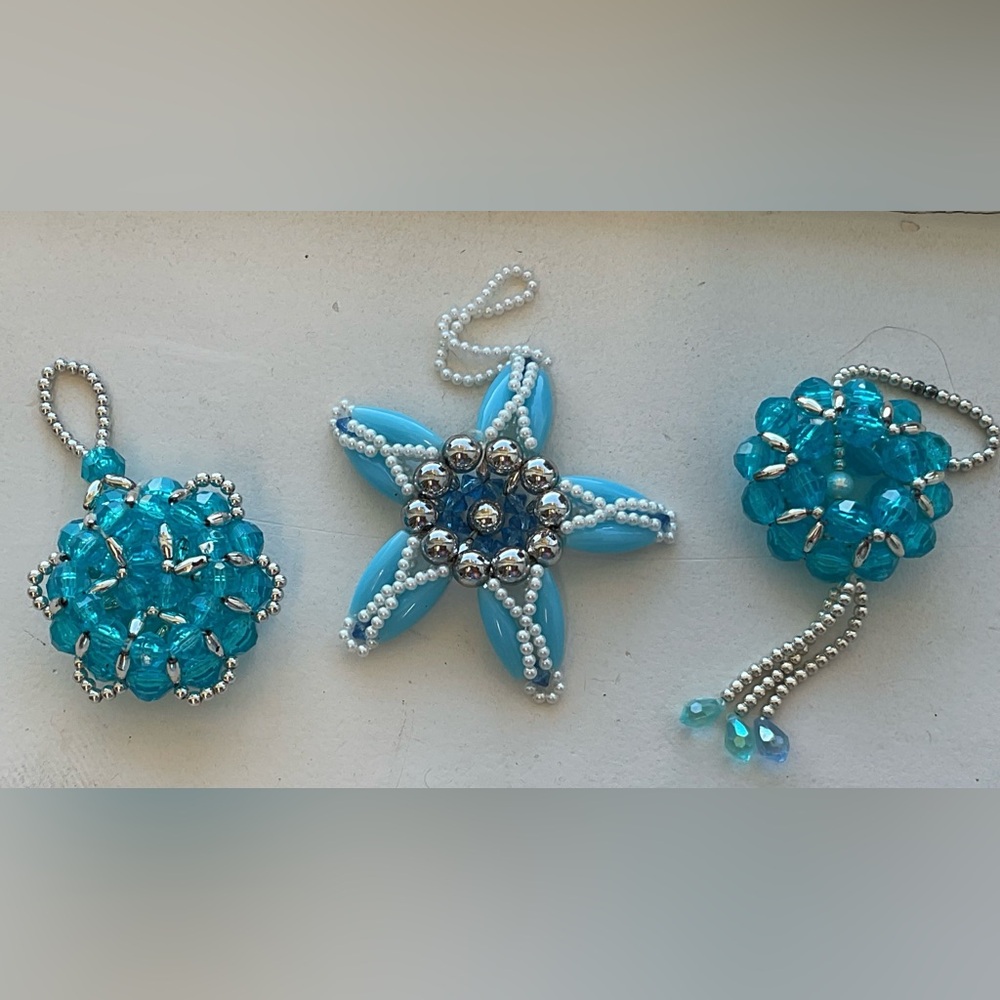 3 handmade bead ornaments blue white silver acrylic vintage